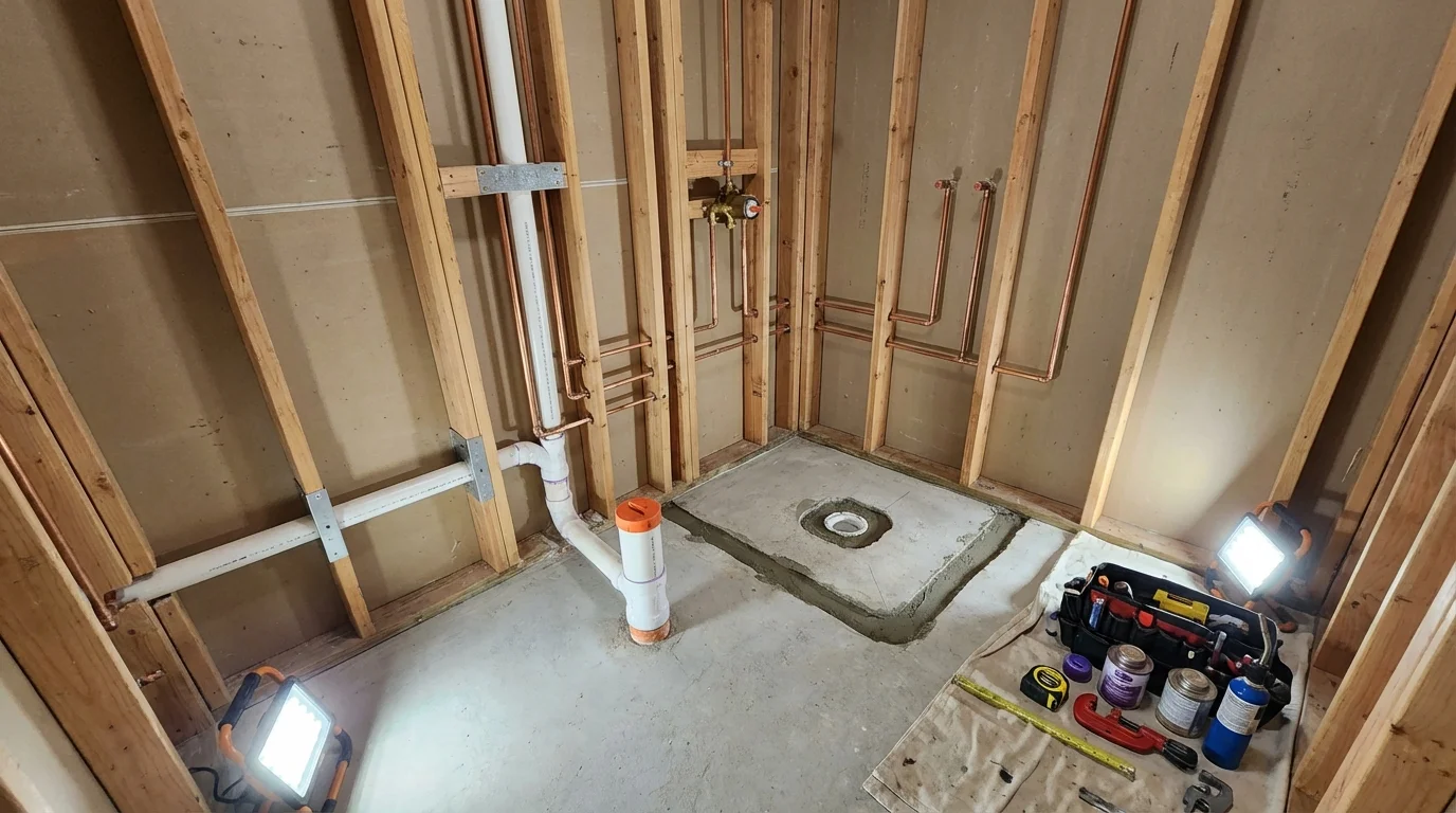 Bathroom rough-in plumbing during remodel by Johns Plumbing LLC in Prescott Valley