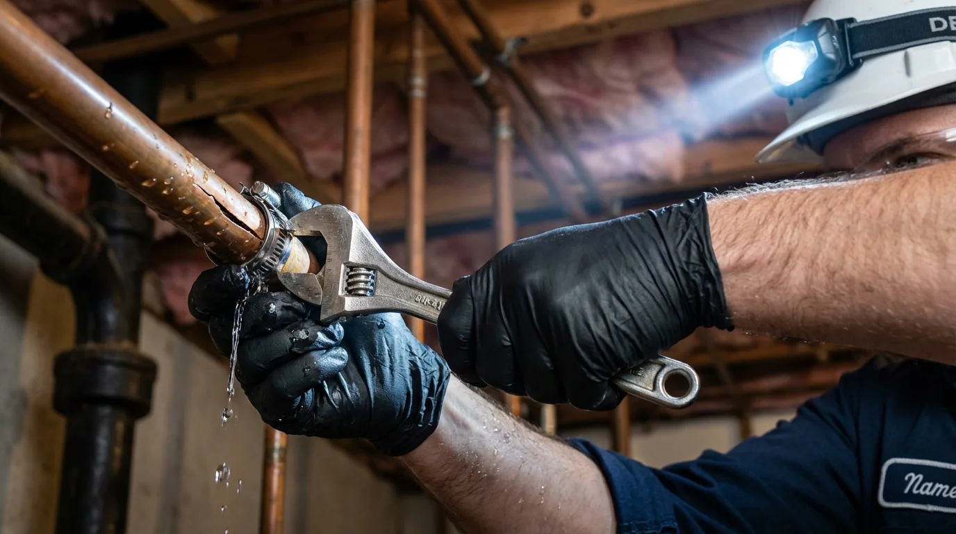 Emergency pipe clamp repair being performed by a Johns Plumbing LLC plumber in Prescott Valley