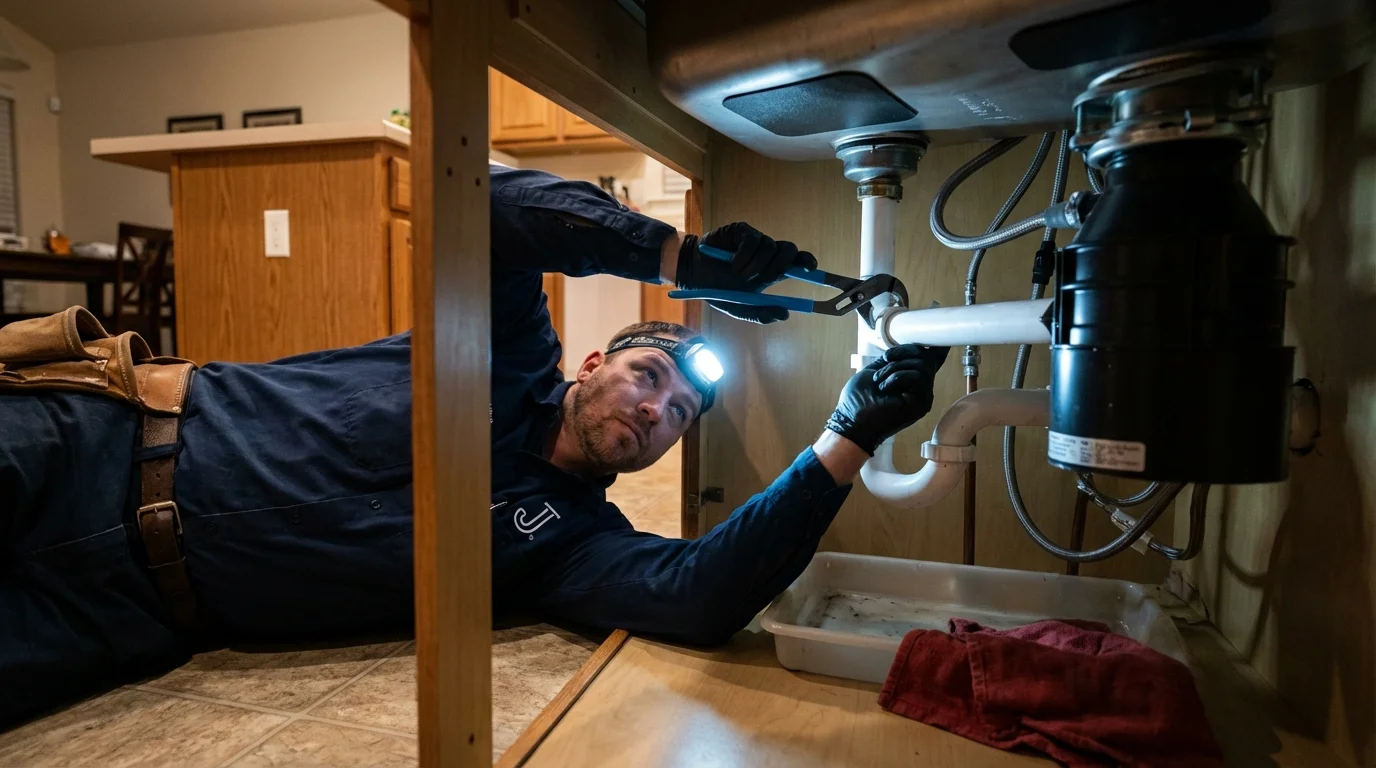 P-trap and supply line connections under a kitchen sink showing a common leak point in Prescott Valley, AZ